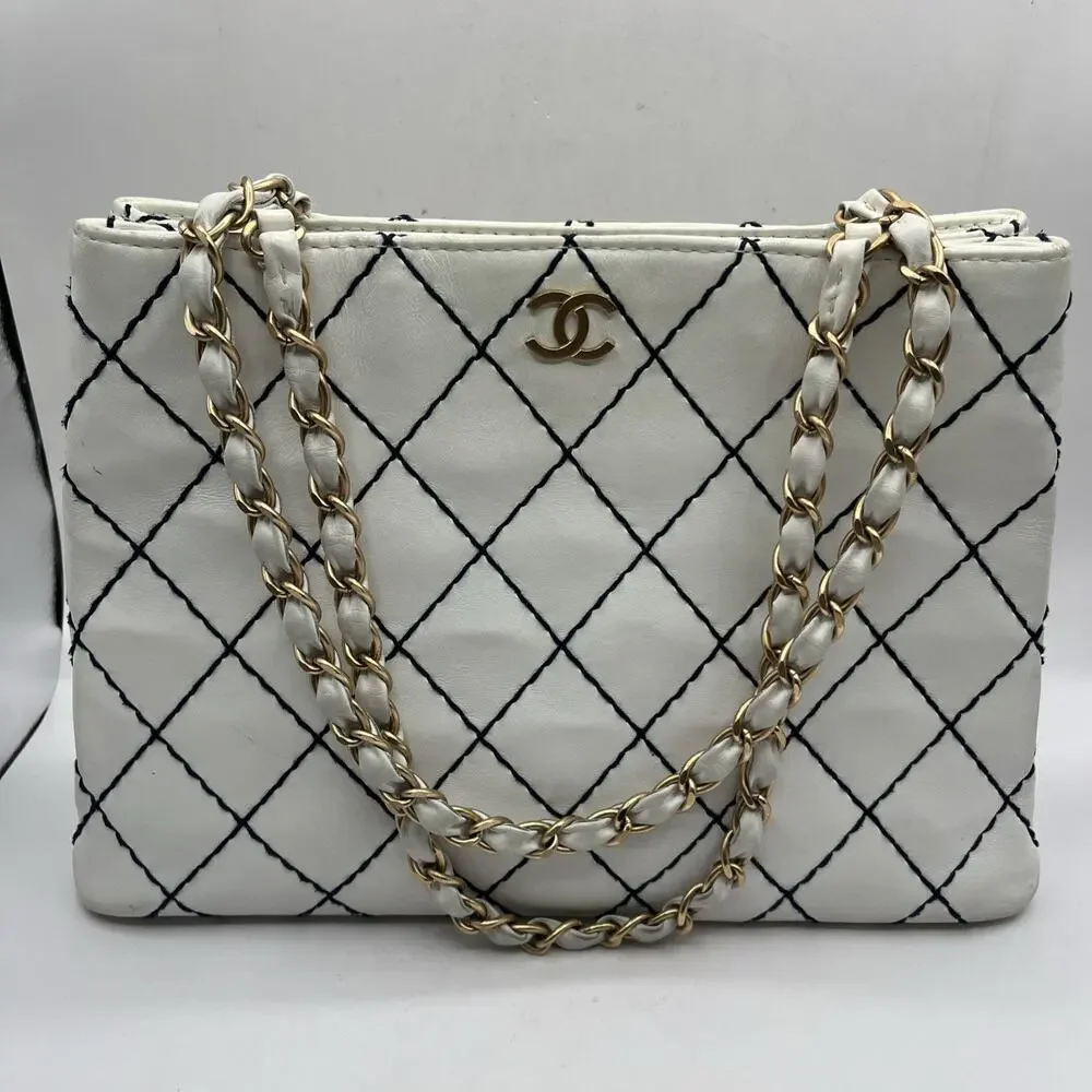 CHANEL Wild Black Stitch White Shoulder Tote Bag Double Chain Gold Tone Hardware